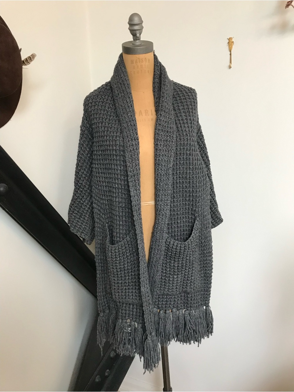 Gray Waffle-Knit Open Cardigan with pockets & Fringe